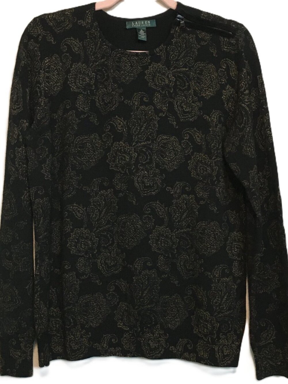 Lauren Ralph Lauren 100% Wool Black Gold Metallic Paisley Sweater Sz XL